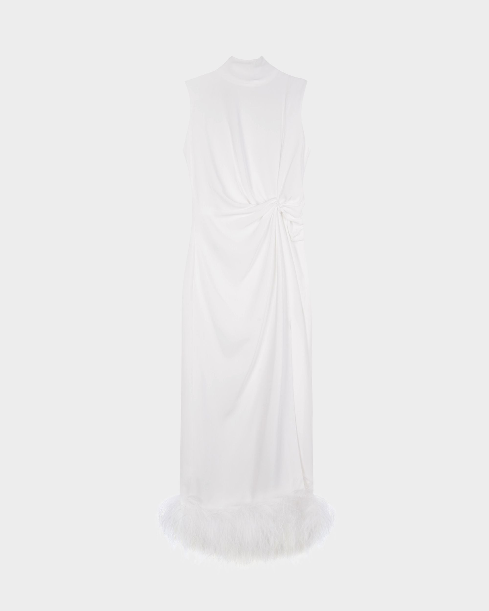The Maika Sleeveless white crepe Midi Dress with a high neck, front twist  detailing and a feather trimmed hem