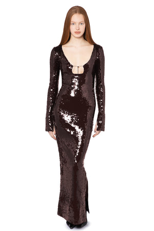 Solaria Long Dress In Bitter Chocolate Sequin