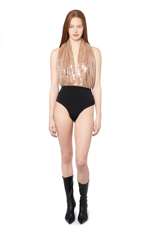 Vesper Body Suit In Smoke Sequin
