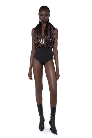 Vesper Body Suit In Bitter Chocolate Sequin