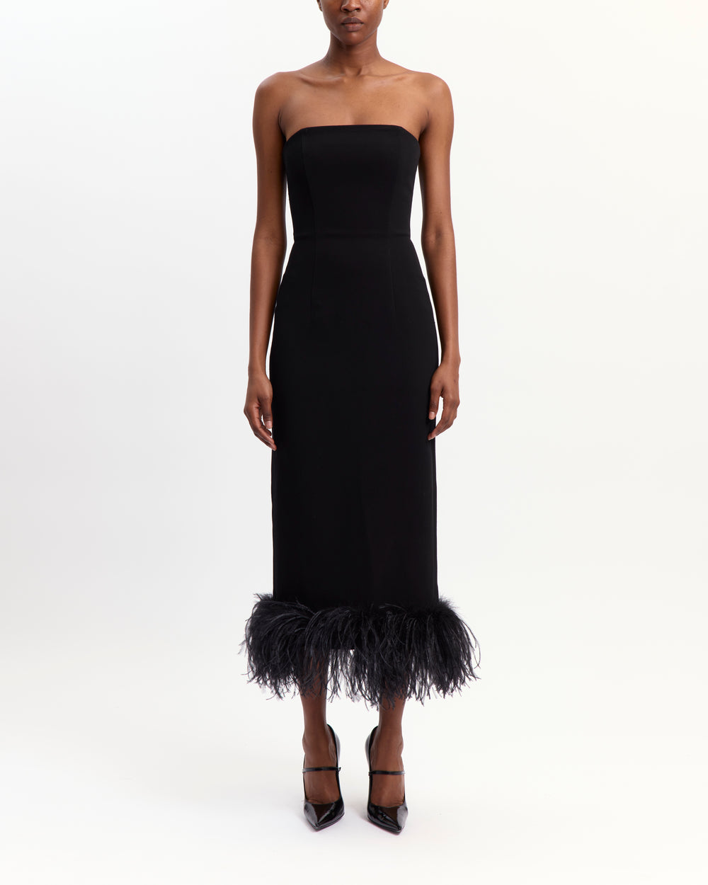 16Arlington Minelli black strapless crepe midi dress with internal corset, structured silhouette and ostrich feather-trimmed hem, ideal for cocktail and evening occasions from a luxury British designer brand.