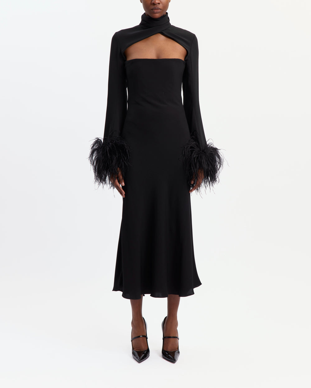 16Arlington Odessa black crepe dress with a high neckline, chest cut-out, long feather-trimmed sleeves and an A-line skirt, ideal for cocktail and evening occasions from a luxury British designer brand.