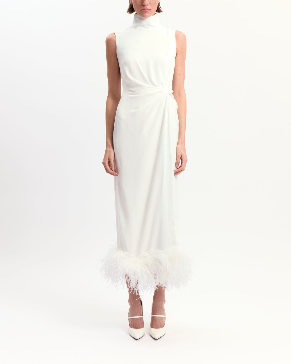 16Arlington Maika white crepe sleeveless midi dress with high neck, front twist detailing, side slit and feather-trimmed hem, ideal for cocktail and evening occasions from a luxury British designer brand.