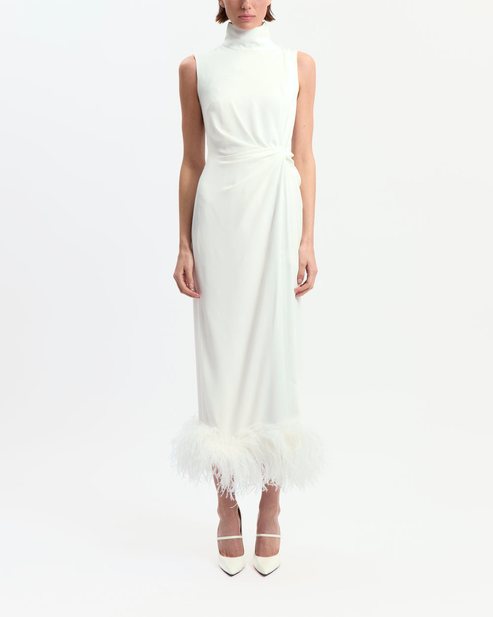 16Arlington Maika white crepe sleeveless midi dress with high neck, front twist detailing, side slit and feather-trimmed hem, ideal for cocktail and evening occasions from a luxury British designer brand.