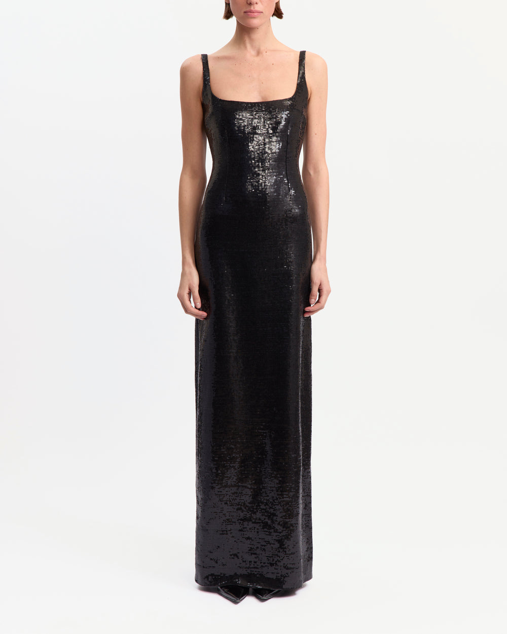 16Arlington Electra black linen sequin square-neck floor-length gown with thin shoulder straps and a slim silhouette, ideal for black-tie and evening occasions from a luxury British designer brand.