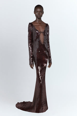 Solarium Gown In Bitter Chocolate Sequin