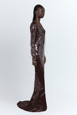 Solarium Gown In Bitter Chocolate Sequin