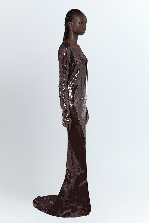 Solarium Gown In Bitter Chocolate Sequin