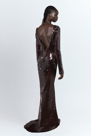 Solarium Gown In Bitter Chocolate Sequin