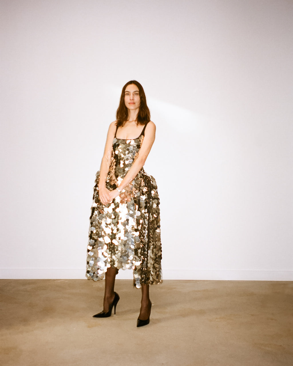 Alexa Chung wearing custom 16Arlington silver metal sequin dress