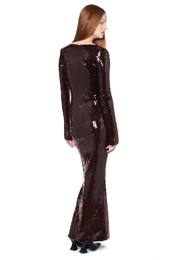 Solaria Long Dress In Bitter Chocolate Sequin