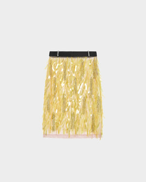 16Arlington Emilia skirt in semi-sheer mesh with blush pink lining, designed in a pencil silhouette finishing just below the knee, featuring tinted translucent sequins and hand-cut crystal droplets, completed with a tailored waistband, ideal for occasion wear and statement dressing from a luxury British designer brand.