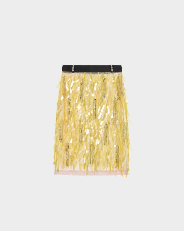 16Arlington Emilia skirt in semi-sheer mesh with blush pink lining, designed in a pencil silhouette finishing just below the knee, featuring tinted translucent sequins and hand-cut crystal droplets, completed with a tailored waistband, ideal for occasion wear and statement dressing from a luxury British designer brand.