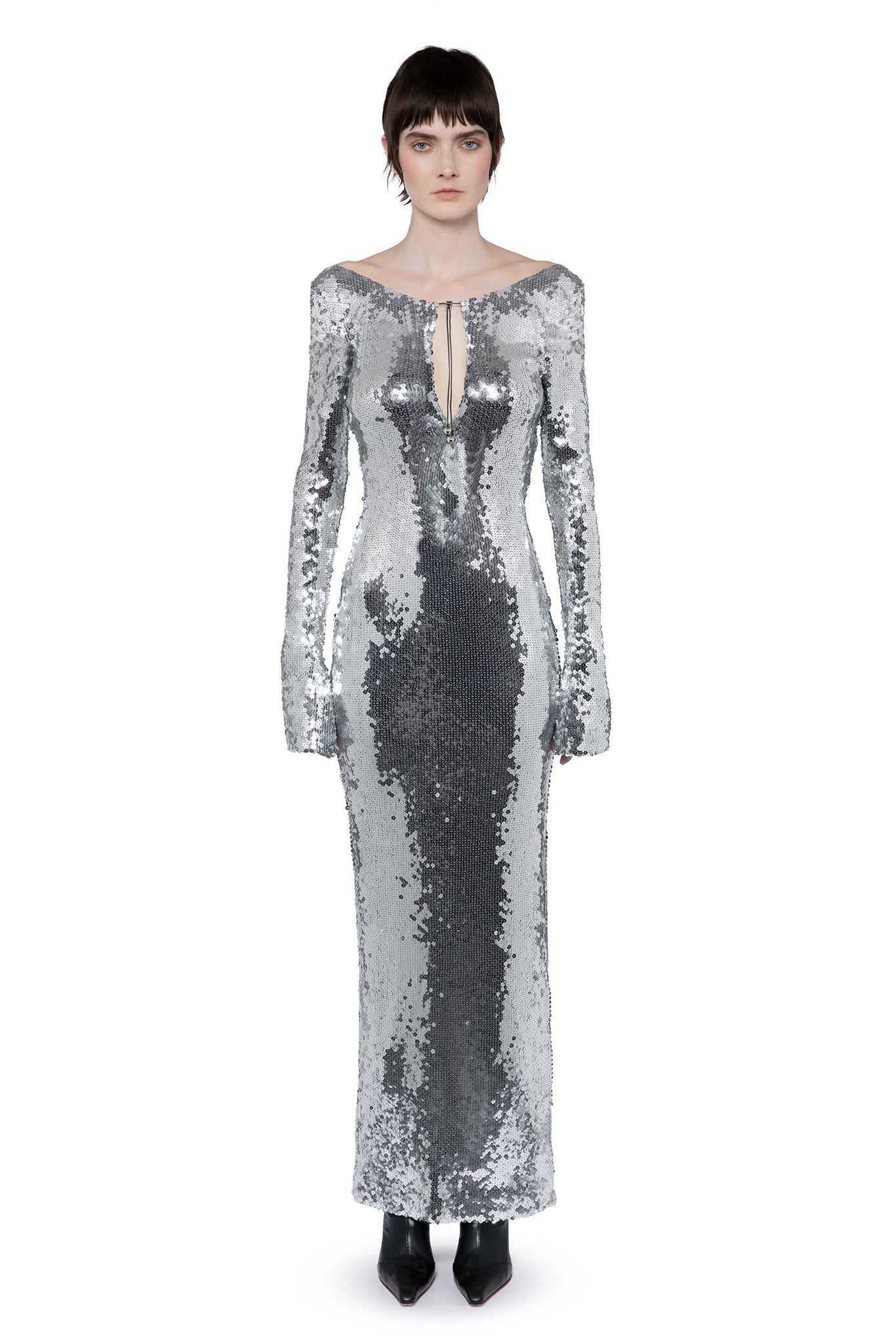 SOLARE MIDI DRESS IN CHROME SEQUIN