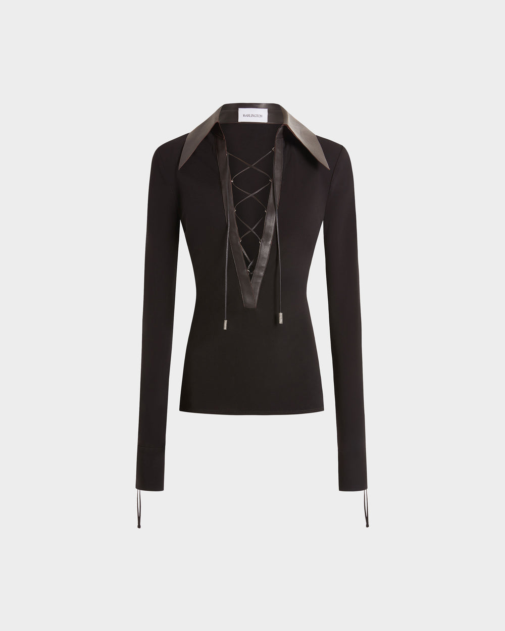 16Arlington Pia top with black smooth jersey, featuring a plunging V-neckline framed by a brown leather pointed collar with branded metal-tipped cord lacing. This refined piece brings modern tailoring to everyday and party looks from a luxury British designer brand.