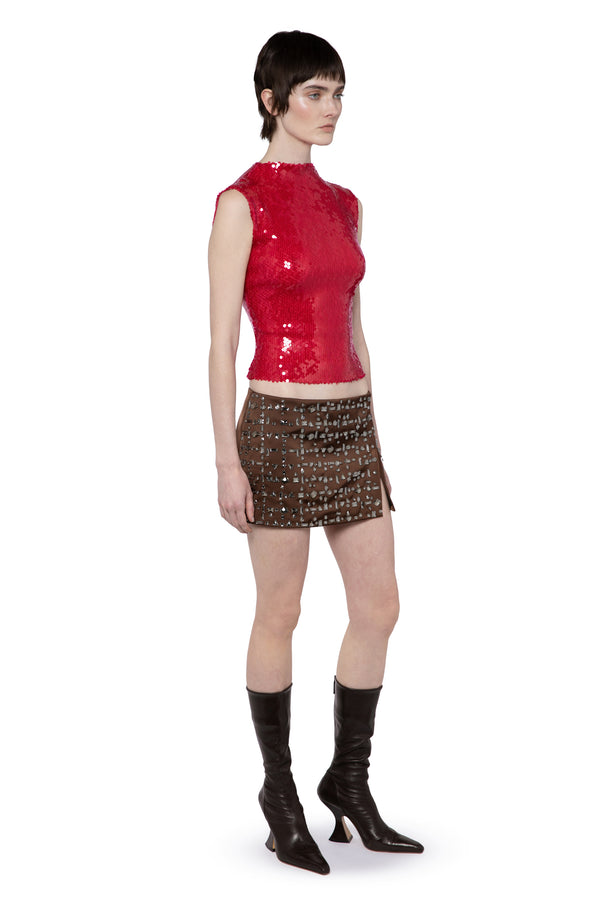 Minerva Mini Skirt In Chocolate Brown Crystal Check