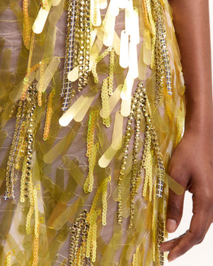 16Arlington Emilia skirt in semi-sheer mesh with blush pink lining, designed in a pencil silhouette finishing just below the knee, featuring tinted translucent sequins and hand-cut crystal droplets, completed with a tailored waistband, ideal for occasion wear and statement dressing from a luxury British designer brand. - close-up