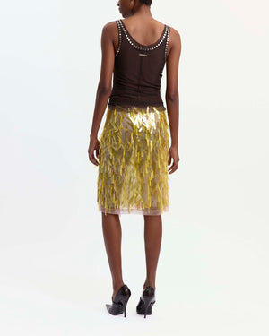 16Arlington Emilia skirt in semi-sheer mesh with blush pink lining, designed in a pencil silhouette finishing just below the knee, featuring tinted translucent sequins and hand-cut crystal droplets, completed with a tailored waistband, ideal for occasion wear and statement dressing from a luxury British designer brand. - back view