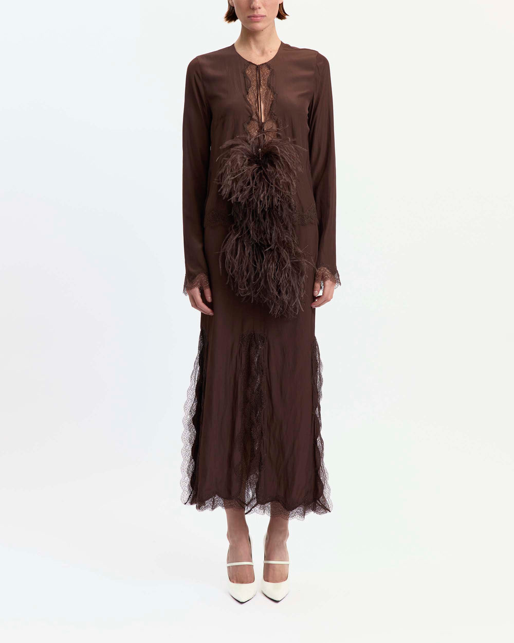 16Arlington Simi skirt in chocolate brown satin, designed in a double-layered pencil midi silhouette, featuring hand-applied scalloped lace trim and dramatic slits at the hem, ideal for evening styling and elevated everyday dressing from a luxury British designer brand.