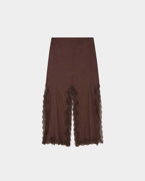 16Arlington Simi skirt in chocolate brown satin, designed in a double-layered pencil midi silhouette, featuring hand-applied scalloped lace trim and dramatic slits at the hem, ideal for evening styling and elevated everyday dressing from a luxury British designer brand.