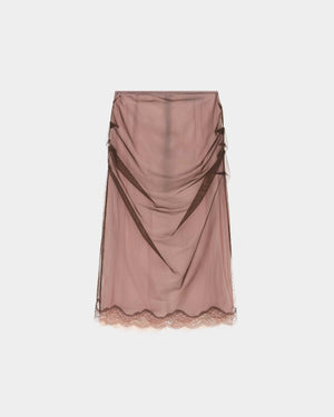 16Arlington Hedda skirt in pink satin with a ruched chocolate brown mesh overlay, designed in a sleek slimline silhouette falling just below the knee, featuring hand-applied scalloped lace trim, ideal for evening styling and elevated everyday dressing from a luxury British designer brand.