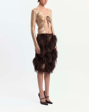 16Arlington Arno midi skirt in chocolate satin, designed in a pencil silhouette, featuring feather-pattern crystal hot-fix applications and plumes of feather trim, finished with hand-applied scalloped lace at the hem, ideal for occasion wear and statement dressing from a luxury British designer brand. - side view