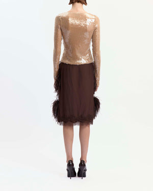 16Arlington Arno midi skirt in chocolate satin, designed in a pencil silhouette, featuring feather-pattern crystal hot-fix applications and plumes of feather trim, finished with hand-applied scalloped lace at the hem, ideal for occasion wear and statement dressing from a luxury British designer brand. - back view