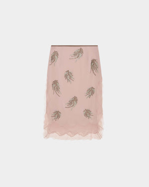 16Arlington Liri skirt in blush pink satin, designed in a midi silhouette finishing at the knee, featuring feather-pattern crystal hot-fix applications and hand-applied lace detailing, finished with a soft suede waistband, ideal for evening styling, occasion wear and statement dressing from a luxury British designer brand.