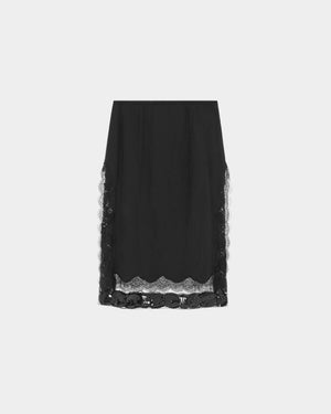 16Arlington Tirso skirt in black satin, designed in a straight silhouette falling just below the knee, featuring scalloped lace trim and a hand-embroidered sequin panel, finished with side split detailing and a tulle lining, ideal for evening styling and occasion wear from a luxury British designer brand.