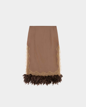 16Arlington Velino skirt in toffee satin, designed in a straight silhouette falling just below the knee, featuring side-split detailing with hand-applied scalloped lace and a feather-trimmed hem, finished with a double-layered construction for wearability, ideal for evening styling and occasion wear from a luxury British designer brand.