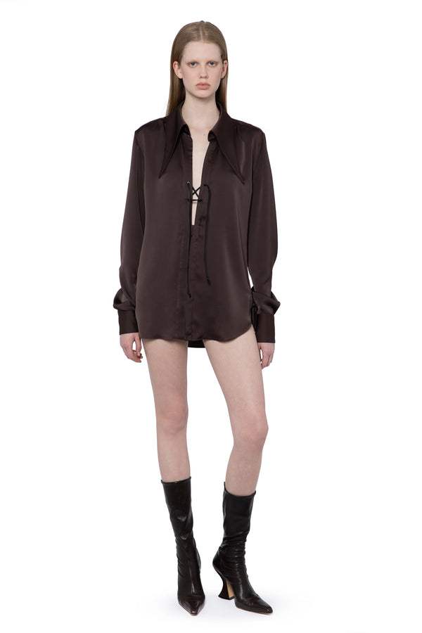 Ambrose Shirt In Bitter Chocolate Satin