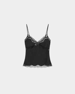 16Arlington Clio top in black satin, designed in a minimal slimline silhouette with a V-shaped neckline and adjustable straps, featuring hand-applied scalloped lace inserts, finished with silver rivet detailing at the front and back and a branded metal plaque, ideal for evening styling and elevated everyday dressing from a luxury British designer brand.