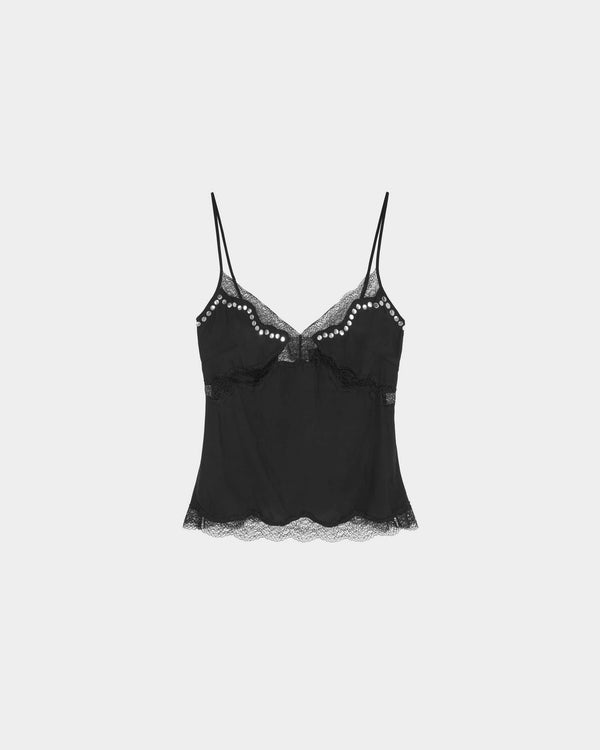 16Arlington Clio top in black satin, designed in a minimal slimline silhouette with a V-shaped neckline and adjustable straps, featuring hand-applied scalloped lace inserts, finished with silver rivet detailing at the front and back and a branded metal plaque, ideal for evening styling and elevated everyday dressing from a luxury British designer brand.