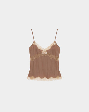 16Arlington Clio top in toffee satin, designed in a relaxed slimline silhouette with a V-shaped neckline and adjustable straps, featuring hand-applied scalloped lace, ideal for evening styling and elevated everyday dressing from a luxury British designer brand.