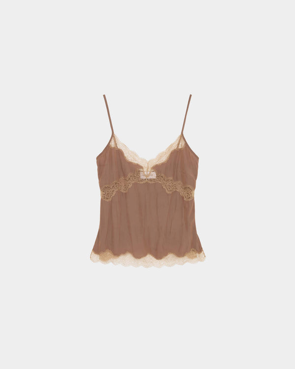 16Arlington Clio top in toffee satin, designed in a relaxed slimline silhouette with a V-shaped neckline and adjustable straps, featuring hand-applied scalloped lace, ideal for evening styling and elevated everyday dressing from a luxury British designer brand.