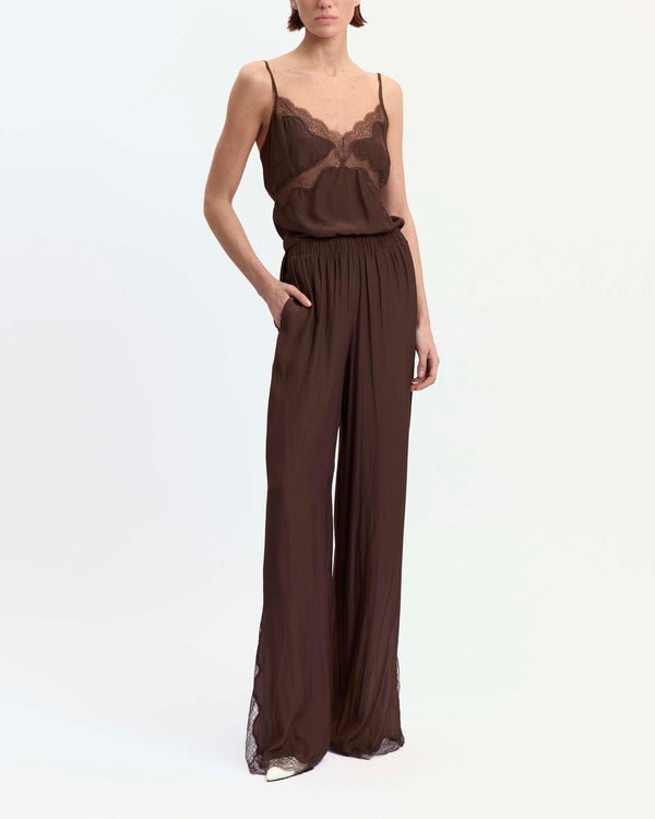 16Arlington Clio top in chocolate satin, designed in a relaxed slimline silhouette with a V-shaped neckline and adjustable straps, featuring hand-applied scalloped lace, ideal for evening styling and elevated everyday dressing from a luxury British designer brand. - front view
