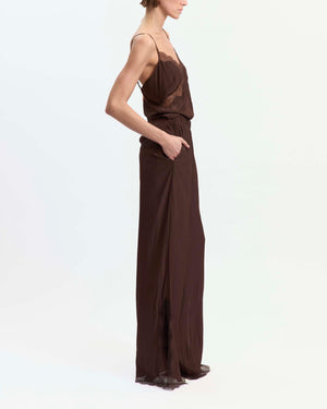 16Arlington Clio top in chocolate satin, designed in a relaxed slimline silhouette with a V-shaped neckline and adjustable straps, featuring hand-applied scalloped lace, ideal for evening styling and elevated everyday dressing from a luxury British designer brand. - side view