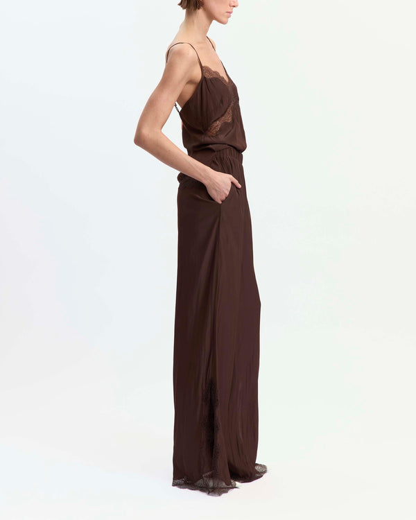 16Arlington Clio top in chocolate satin, designed in a relaxed slimline silhouette with a V-shaped neckline and adjustable straps, featuring hand-applied scalloped lace, ideal for evening styling and elevated everyday dressing from a luxury British designer brand. - side view