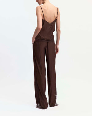 16Arlington Clio top in chocolate satin, designed in a relaxed slimline silhouette with a V-shaped neckline and adjustable straps, featuring hand-applied scalloped lace, ideal for evening styling and elevated everyday dressing from a luxury British designer brand. - back view
