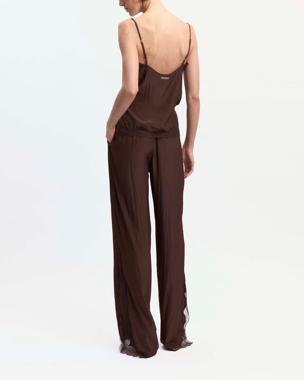 16Arlington Clio top in chocolate satin, designed in a relaxed slimline silhouette with a V-shaped neckline and adjustable straps, featuring hand-applied scalloped lace, ideal for evening styling and elevated everyday dressing from a luxury British designer brand. - back view