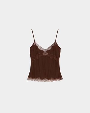 16Arlington Clio top in chocolate satin, designed in a relaxed slimline silhouette with a V-shaped neckline and adjustable straps, featuring hand-applied scalloped lace, ideal for evening styling and elevated everyday dressing from a luxury British designer brand.