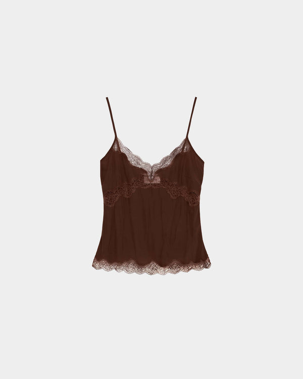 16Arlington Clio top in chocolate satin, designed in a relaxed slimline silhouette with a V-shaped neckline and adjustable straps, featuring hand-applied scalloped lace, ideal for evening styling and elevated everyday dressing from a luxury British designer brand.