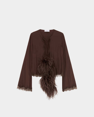 16Arlington Anvi cardigan in chocolate satin, designed in a sleek silhouette with flared sleeves, featuring scalloped lace trim and feather-adorned ties, ideal for evening styling, occasion wear and elevated everyday dressing from a luxury British designer brand.