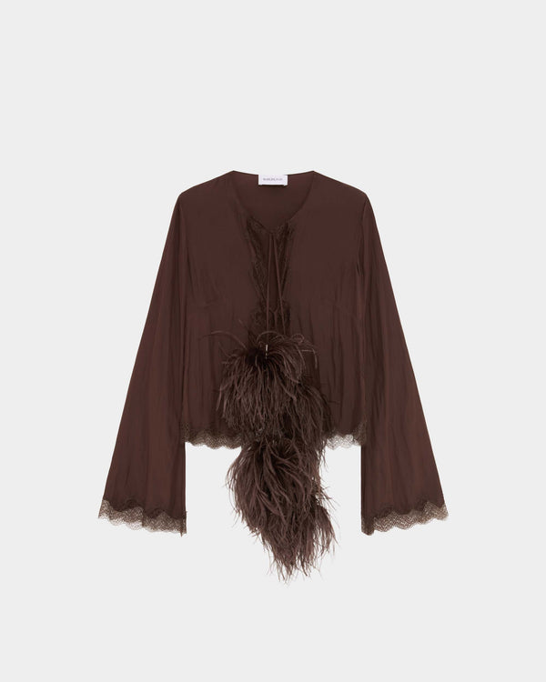 16Arlington Anvi cardigan in chocolate satin, designed in a sleek silhouette with flared sleeves, featuring scalloped lace trim and feather-adorned ties, ideal for evening styling, occasion wear and elevated everyday dressing from a luxury British designer brand.