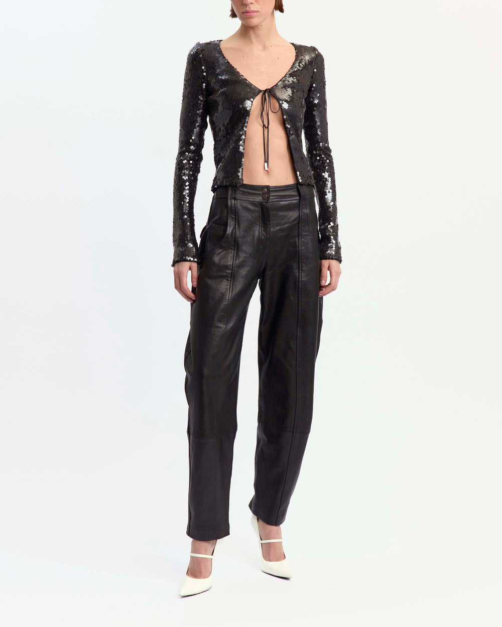 16Arlington Elin cardigan in chocolate sequin fabric, designed in a minimal silhouette with a cropped bodice, long fitted sleeves and front tie detailing, ideal for evening wear, party styling and special occasions from a luxury British designer brand.