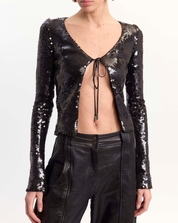 16Arlington Elin cardigan in chocolate sequin fabric, designed in a minimal silhouette with a cropped bodice, long fitted sleeves and front tie detailing, ideal for evening wear, party styling and special occasions from a luxury British designer brand. - close-up