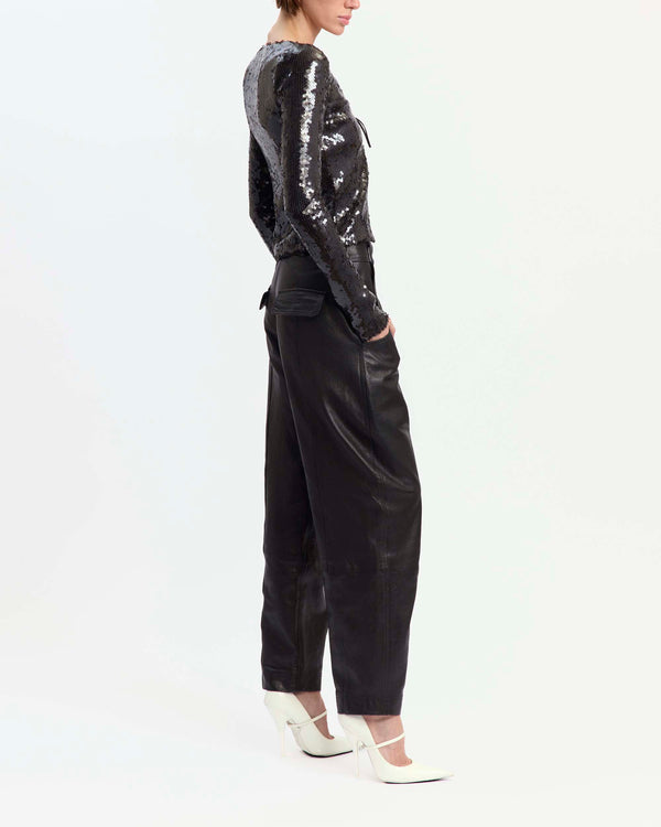 16Arlington Elin cardigan in chocolate sequin fabric, designed in a minimal silhouette with a cropped bodice, long fitted sleeves and front tie detailing, ideal for evening wear, party styling and special occasions from a luxury British designer brand. - side view