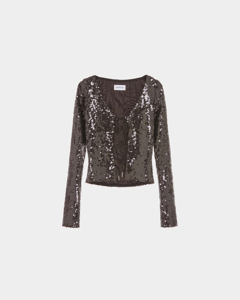 16Arlington Elin cardigan in chocolate sequin fabric, designed in a minimal silhouette with a cropped bodice, long fitted sleeves and front tie detailing, ideal for evening wear, party styling and special occasions from a luxury British designer brand.