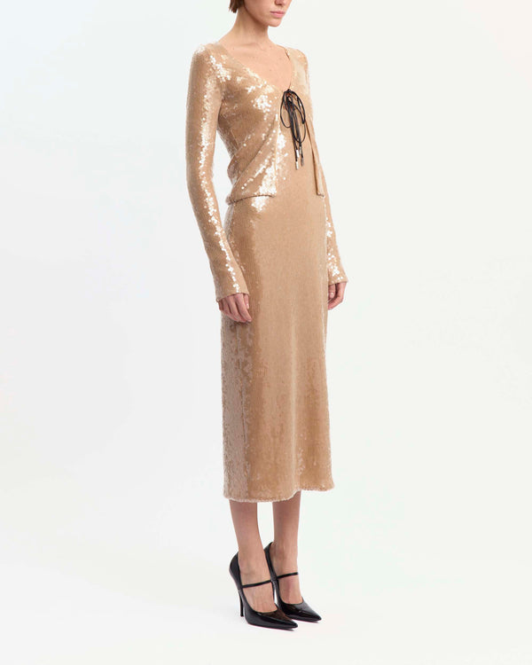 16Arlington Elin cardigan in champagne sequin fabric, designed in a minimal silhouette with a cropped bodice, long fitted sleeves and front tie detailing, ideal for evening wear, party styling and special occasions from a luxury British designer brand. - side view