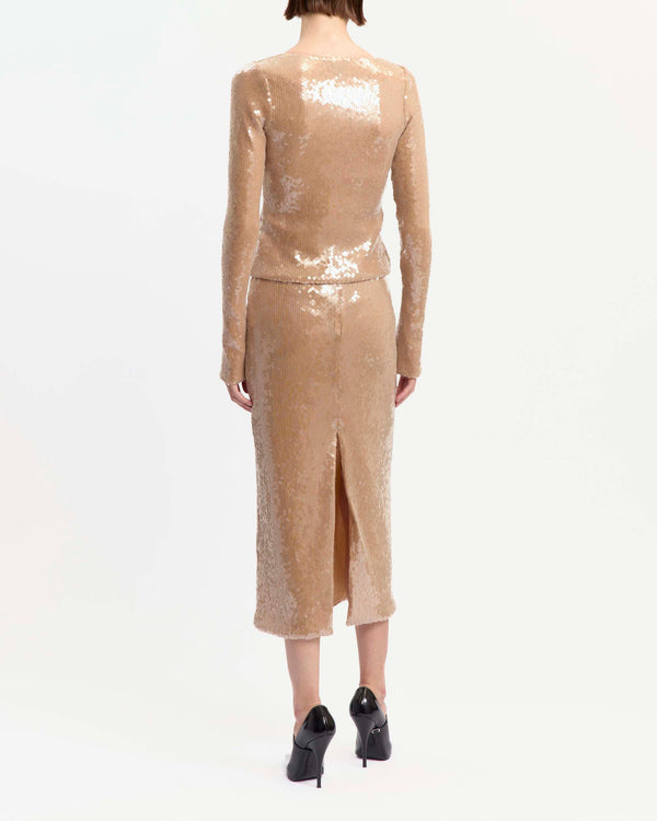 16Arlington Elin cardigan in champagne sequin fabric, designed in a minimal silhouette with a cropped bodice, long fitted sleeves and front tie detailing, ideal for evening wear, party styling and special occasions from a luxury British designer brand. - back view